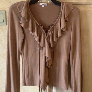 Sexy Tan Ruffled Top Brown Laced Front + Bell Long Sleeves Size M